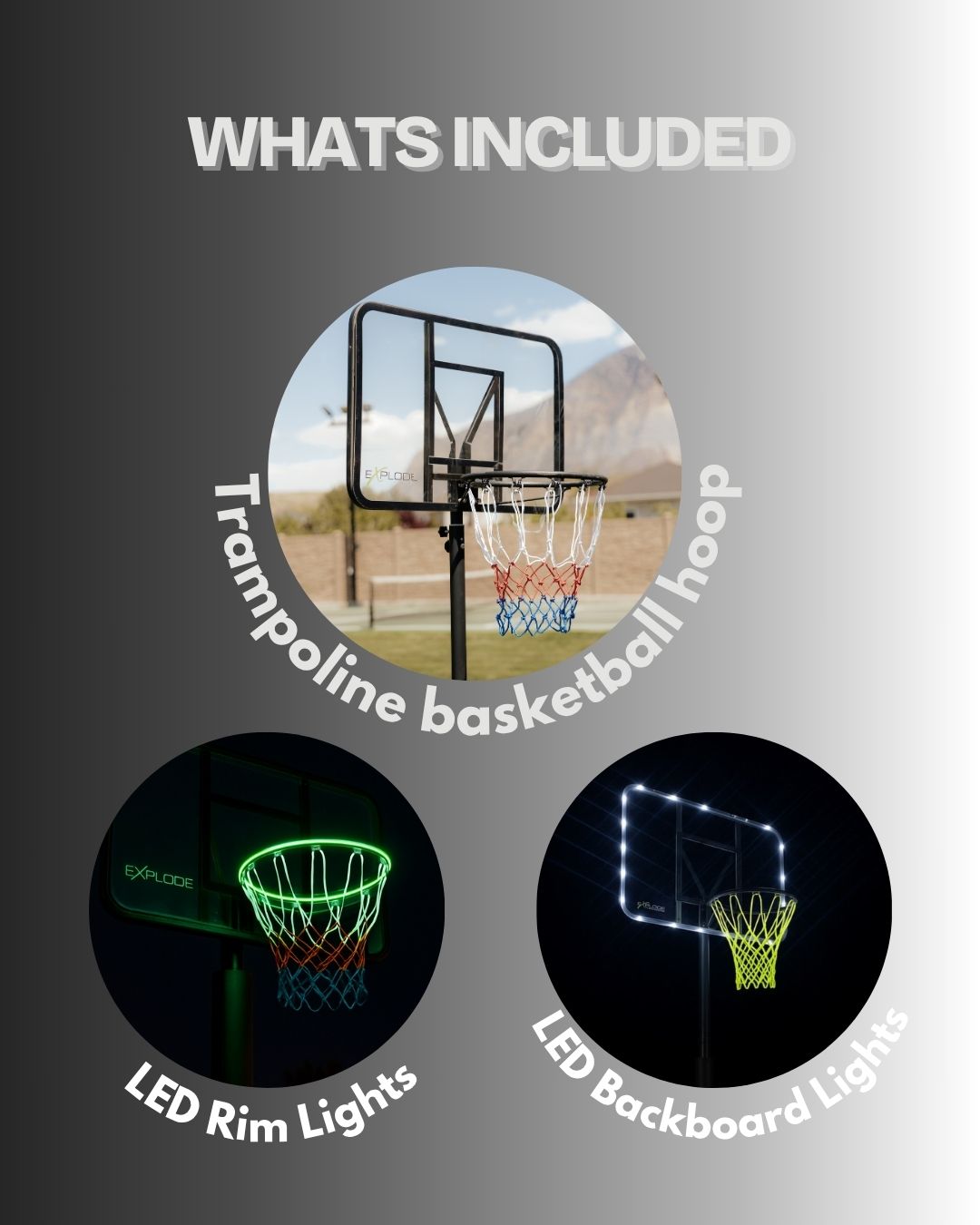 EXTREME Ultimate BUNDLE (Trampoline Basketball Hoop + LED Backboard Lights + LED Rim Lights)