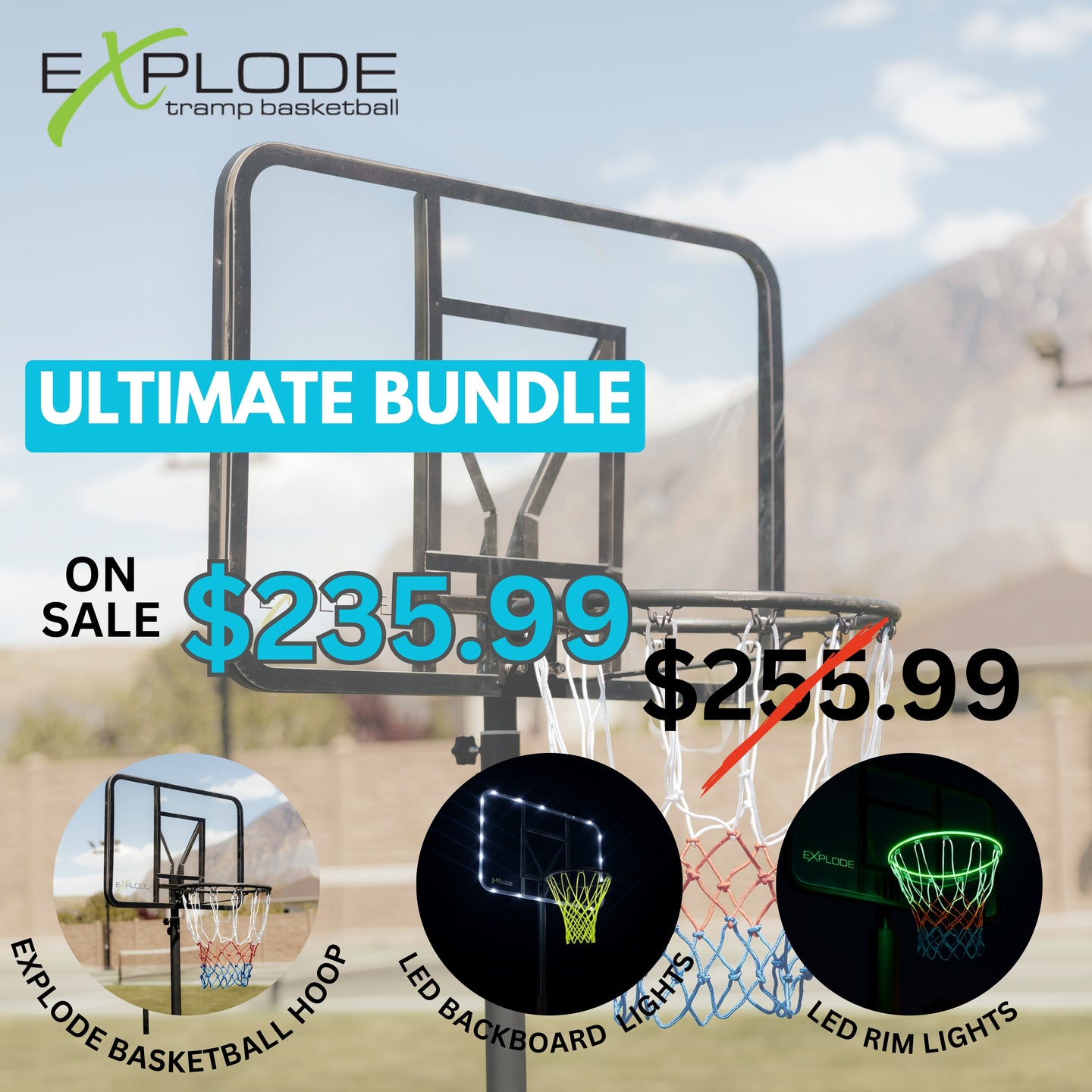 EXTREME Ultimate BUNDLE (Trampoline Basketball Hoop + LED Backboard Lights + LED Rim Lights)