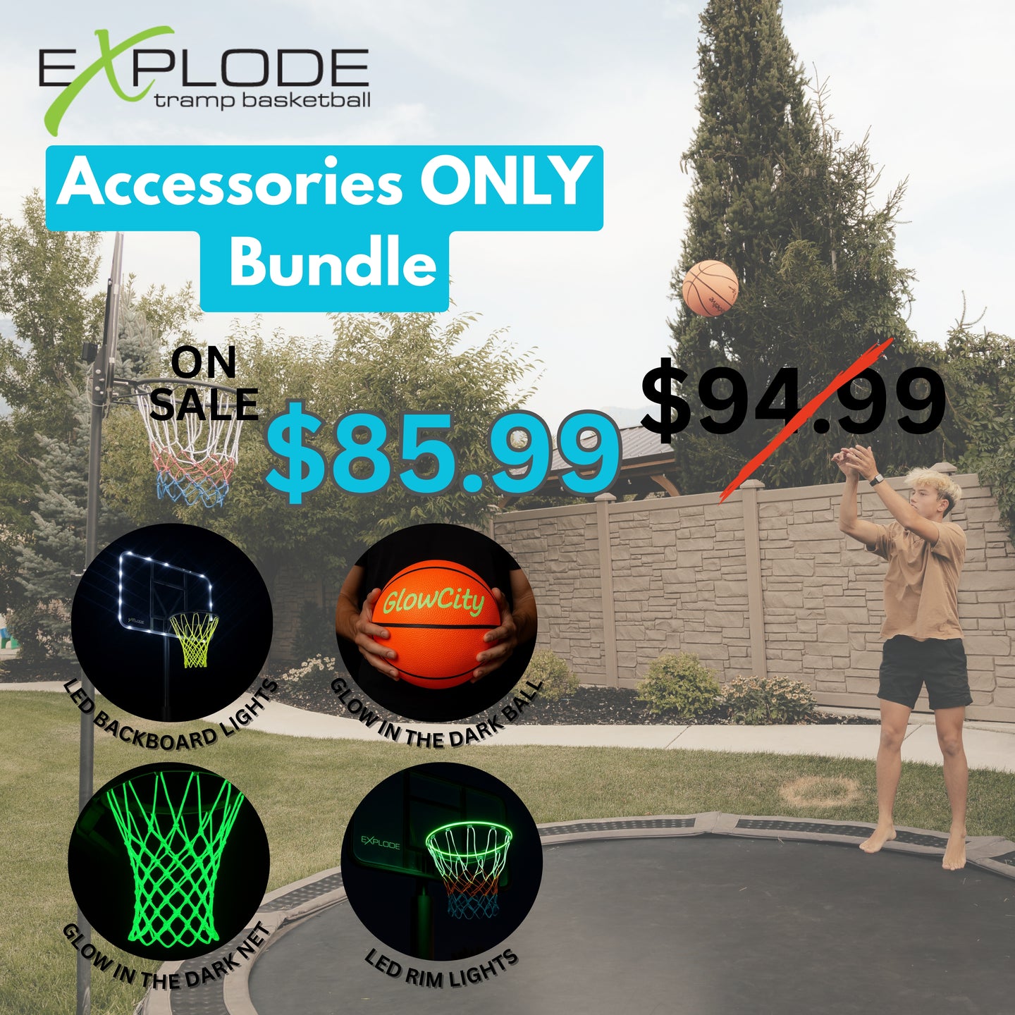 Accessories Bundle (LED Backboard lights, LED Rim lights, Glow in the dark Basketball, Glow in the dark net)