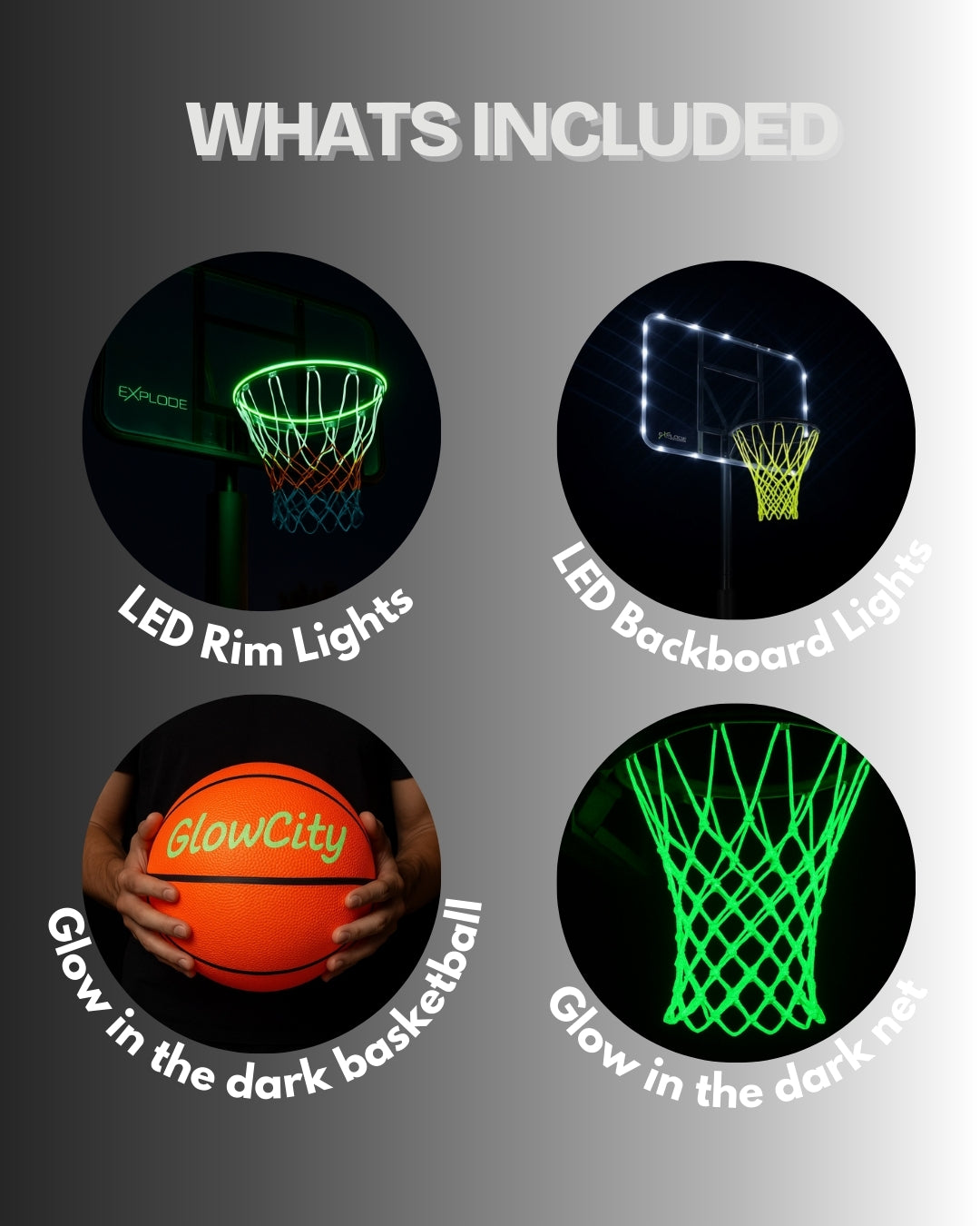 Accessories Bundle (LED Backboard lights, LED Rim lights, Glow in the dark Basketball, Glow in the dark net)