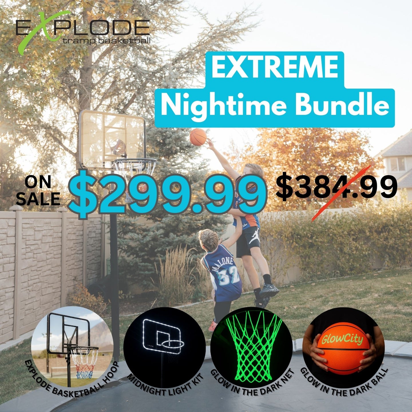 EXTREME NIGHTIME BUNDLE (Hoop, LED Rim and Backboard Lights, Glow in the dark net, Glow in the dark ball)